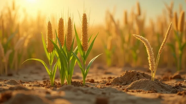 Agricultural researchers and farmers examine lush, CRISPR-edited rice plants in a sunlit field; drought-stressed controls in background. Field research on gene editing drought resistance, 2026.