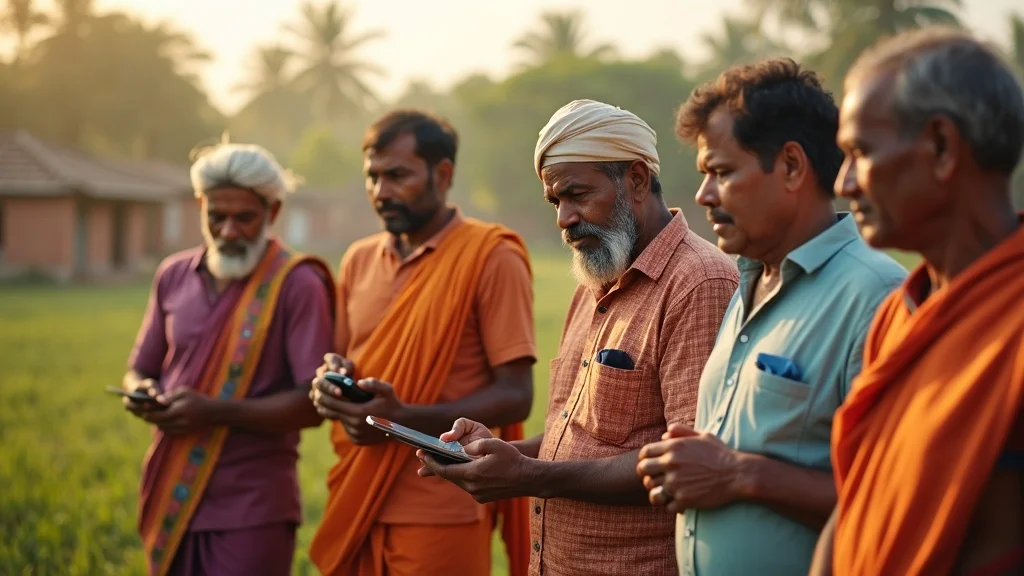 Indian smallholder farmers engaging with a local extension officer on digital financial identity and farm data tools.