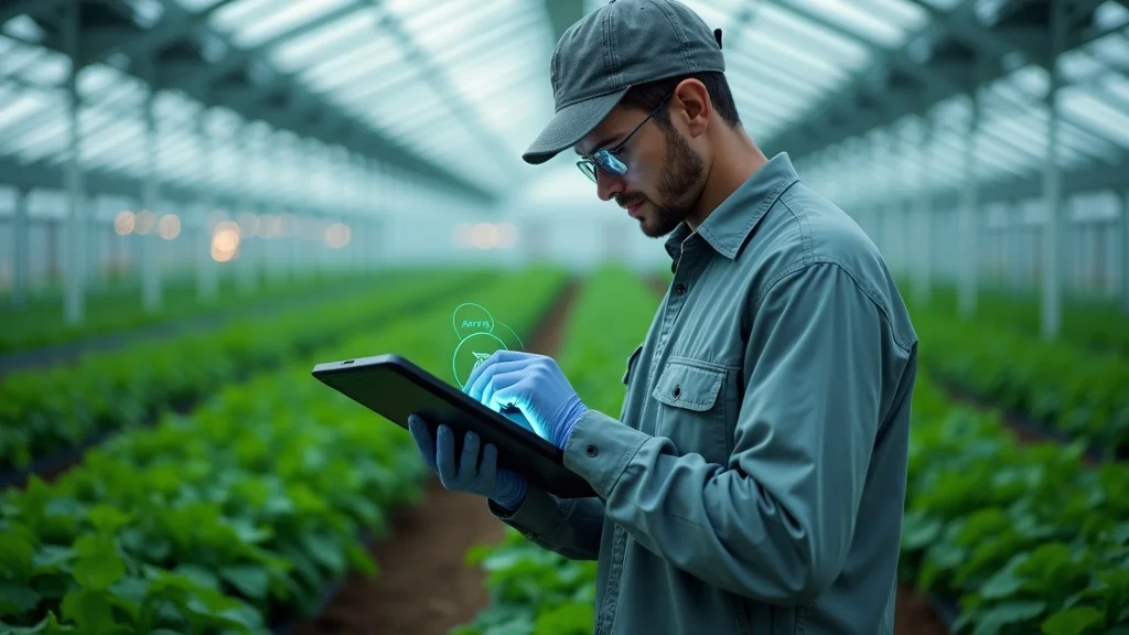 Farm worker using tablet and sensor data to monitor postharvest losses and enhance policy efficacy