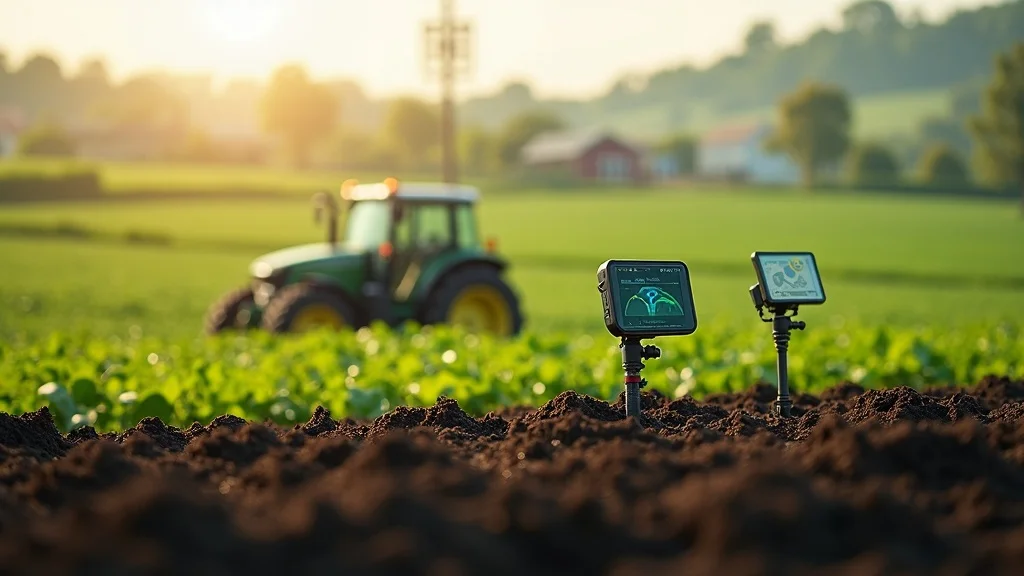 digital crop insurance satellite AI 2026 advanced farm with soil sensors monitoring field soil health, tractor in background