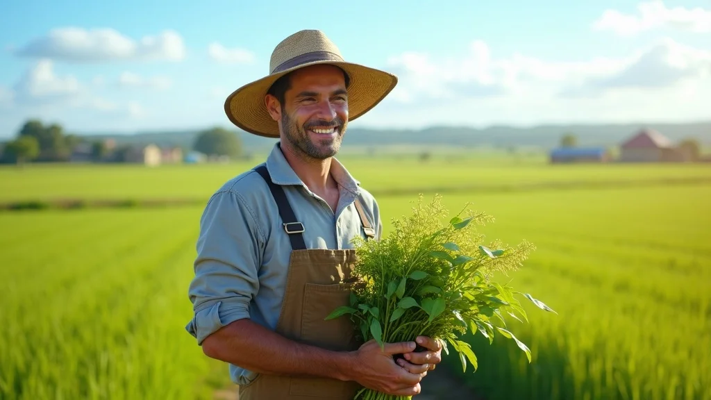 Confident farmer holding healthy crops as proof of agricultural index insurance success — portrait with abundant background fields
