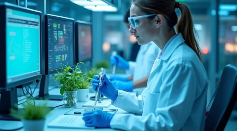 Agricultural researchers and farmers examine lush, CRISPR-edited rice plants in a sunlit field; drought-stressed controls in background. Field research on gene editing drought resistance, 2026.