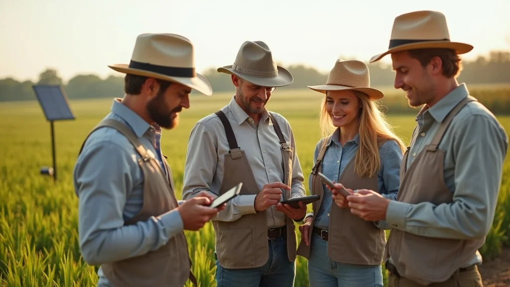 Tokenized real asset blockchain workflow in agricultural field, professionals and technologists reviewing apps and farm data on mobile devices in a sunlit rural setting with abundant crops and visible digital infrastructure