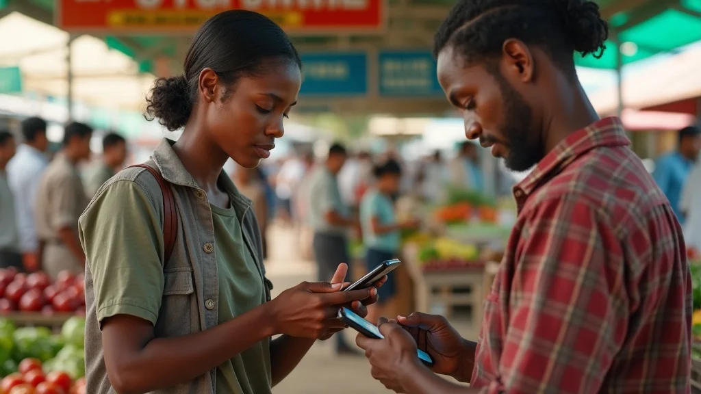Modern smallholder farmers using smartphones in open-air market, focused on digital currency transactions, fresh produce, vibrant crowd. Stablecoins agricultural trade finance 2026 in action.