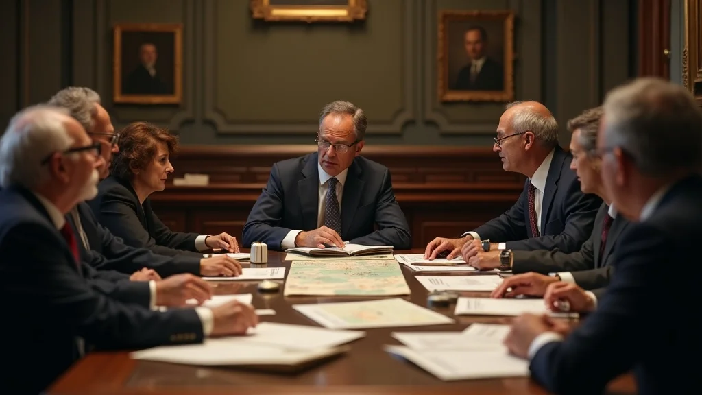Historic agricultural policy meeting with diverse officials discussing documents around a wooden table, photorealistic, classic chamber, sepia tint, symbolizing the origins and evolution of government fertilizer subsidy programs.