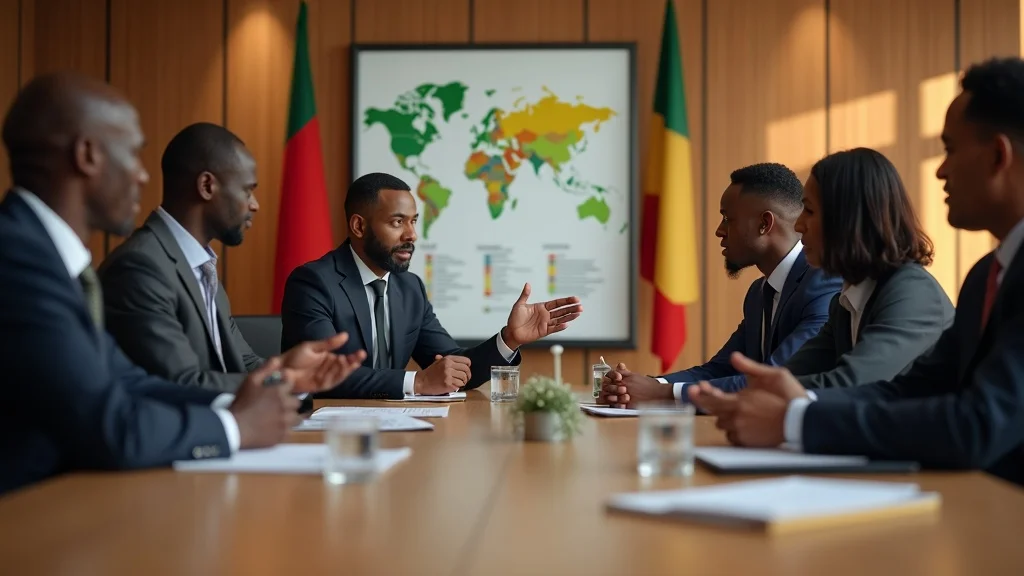 African policymakers strategizing on meeting export pesticide regulations at a conference table with charts and laptops