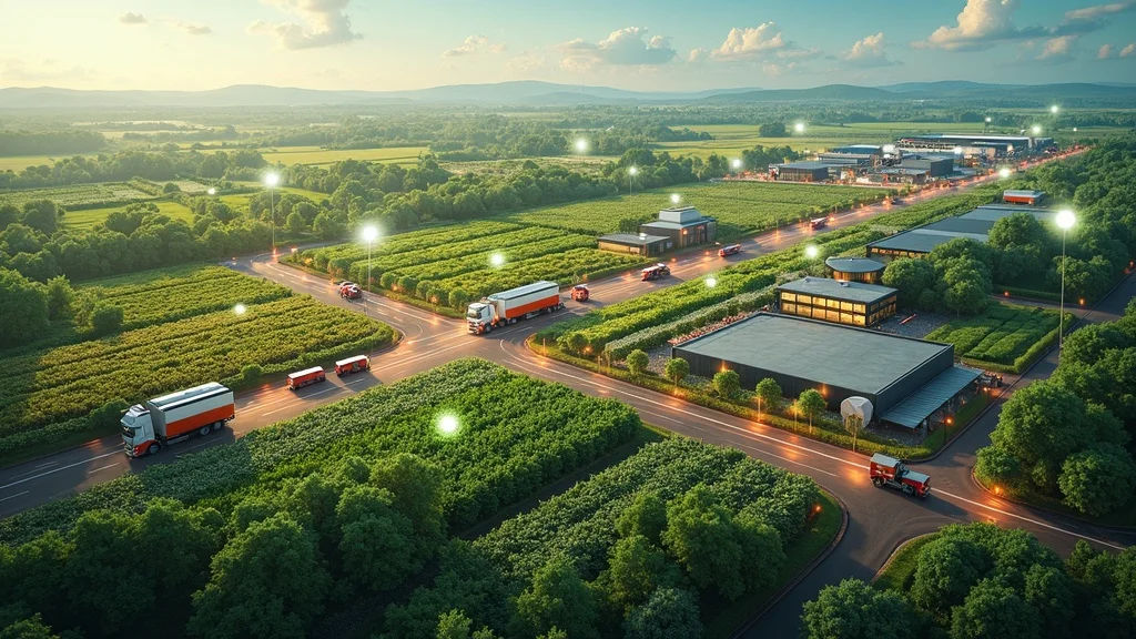 blockchain agriculture supply chain network with farmers, transport vehicles, warehouses, stores, and digital blockchain nodes