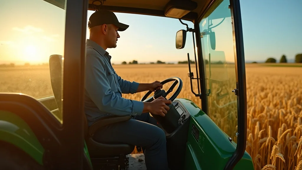 Modern tractor using variable rate technology for fertilizer application in 2026 wheat field, with agronomist in cab and visible section-controlled flow
